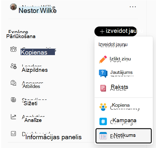 Engage kreisajā navigācijas joslā ir pieejama izvēlne Izveidot jaunu.