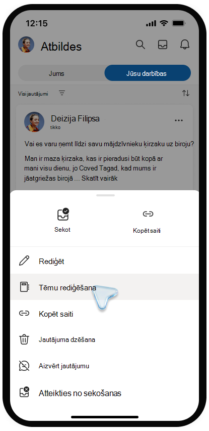 Ekrānuzņēmums ar tēmu rediģēšanas izvēlni programmā Viva Engage mobilajā ierīcē.