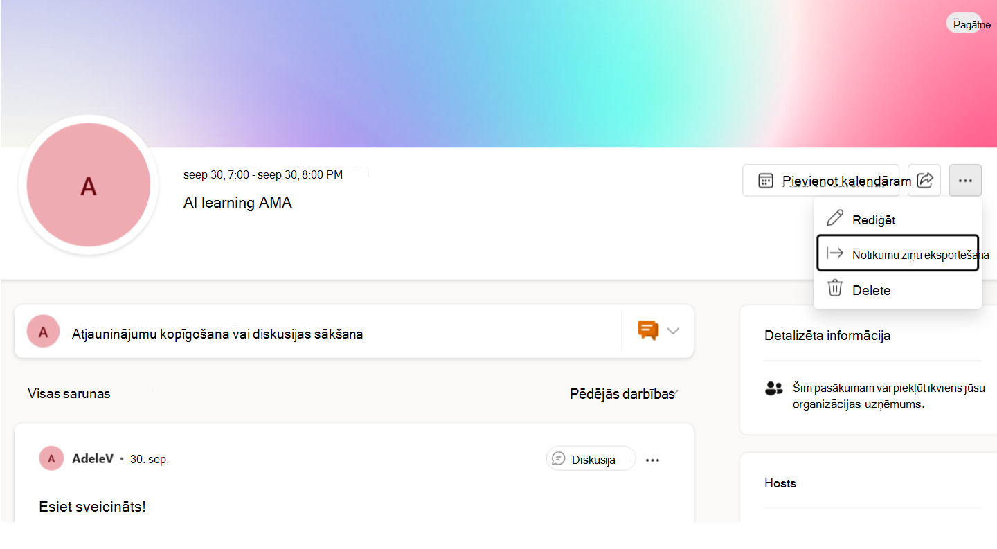 AMA diskusiju datu eksportēšana no izvēlnes Vēl