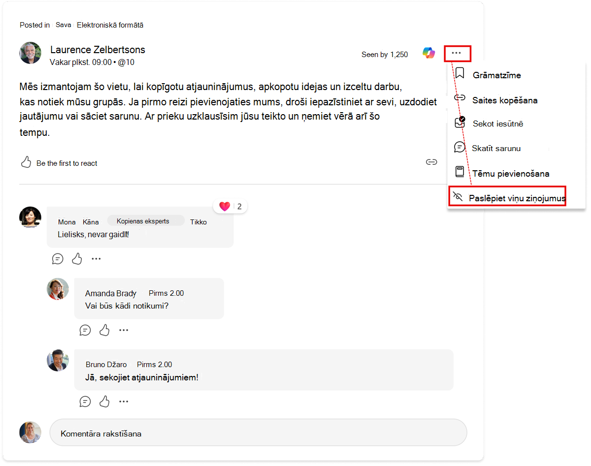 Paslēpt lietotāju sarunas pavedienā. Šī darbība joprojām slēpj saziņu visos Engage kontekstos.