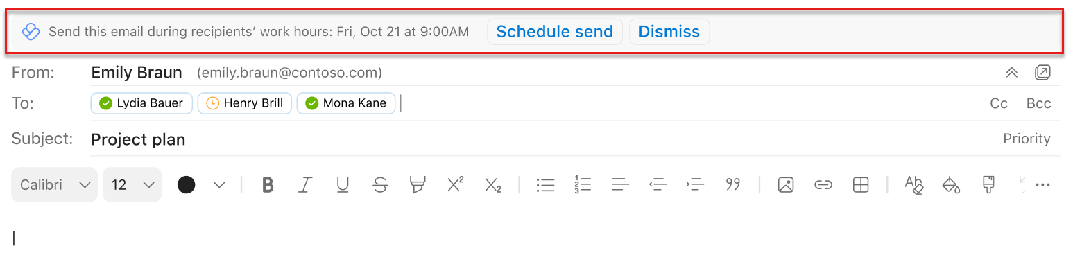 Ekrānuzņēmums ar grafika sūtīšanas ieteikumu programmā Outlook Mac, kas iezīmēts virs rindas No
