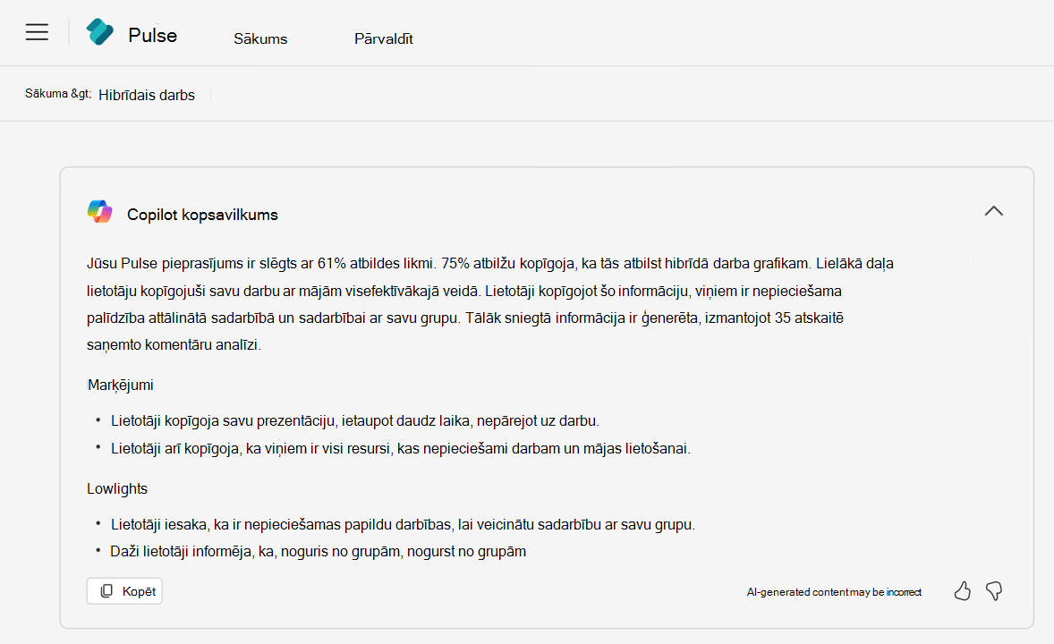 Copilot ģenerēts kopsavilkums Viva Pulse atskaitei