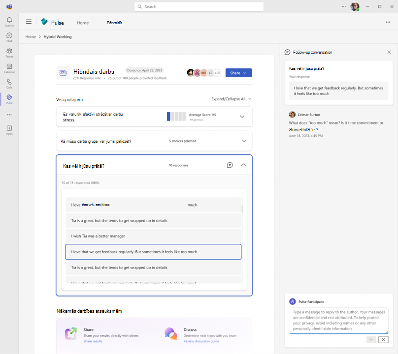 Attēls, kurā ir parādīts, kā Pulse dalībnieki var atbildēt uz sarunām Pulse atskaitēs