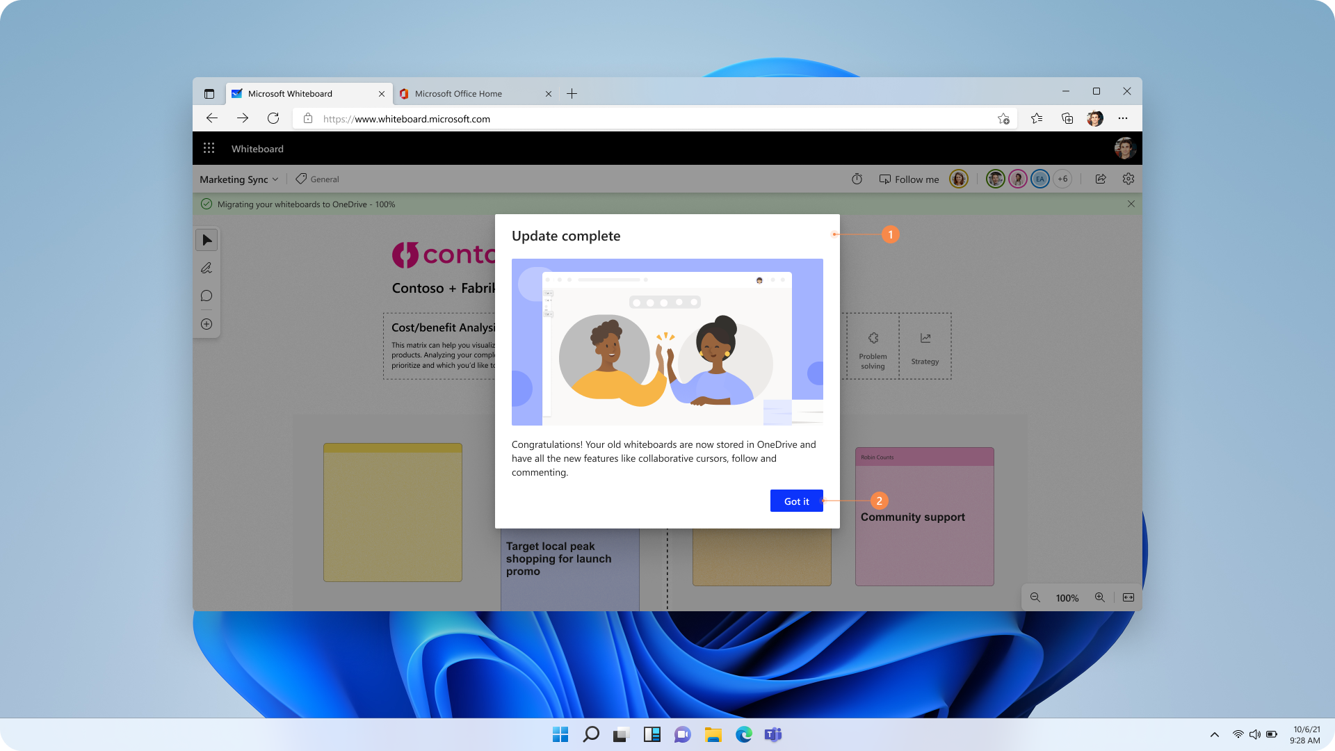Ekrānuzņēmums ar atvērtu baltās tāfeles pamatni, kurā redzams, ka migrācija ir pabeigta visām Azure baltajām tāfelēm.
