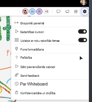 Lai atvērtu izvēlni Baltās tāfeles iestatījumi, augšējā labajā stūrī atlasiet Iestatījumi (zobrata ikona).