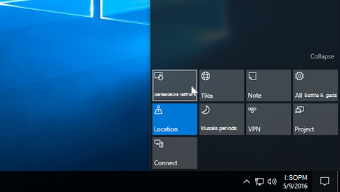 Windows 10 darbību centrs ar rādītāju virs ātro darbību elementa Planšetdatora režīms