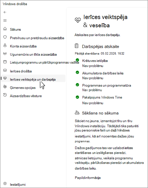 Ekrānuzņēmums ar programmas Windows drošība ierīces un veiktspējas lapu.