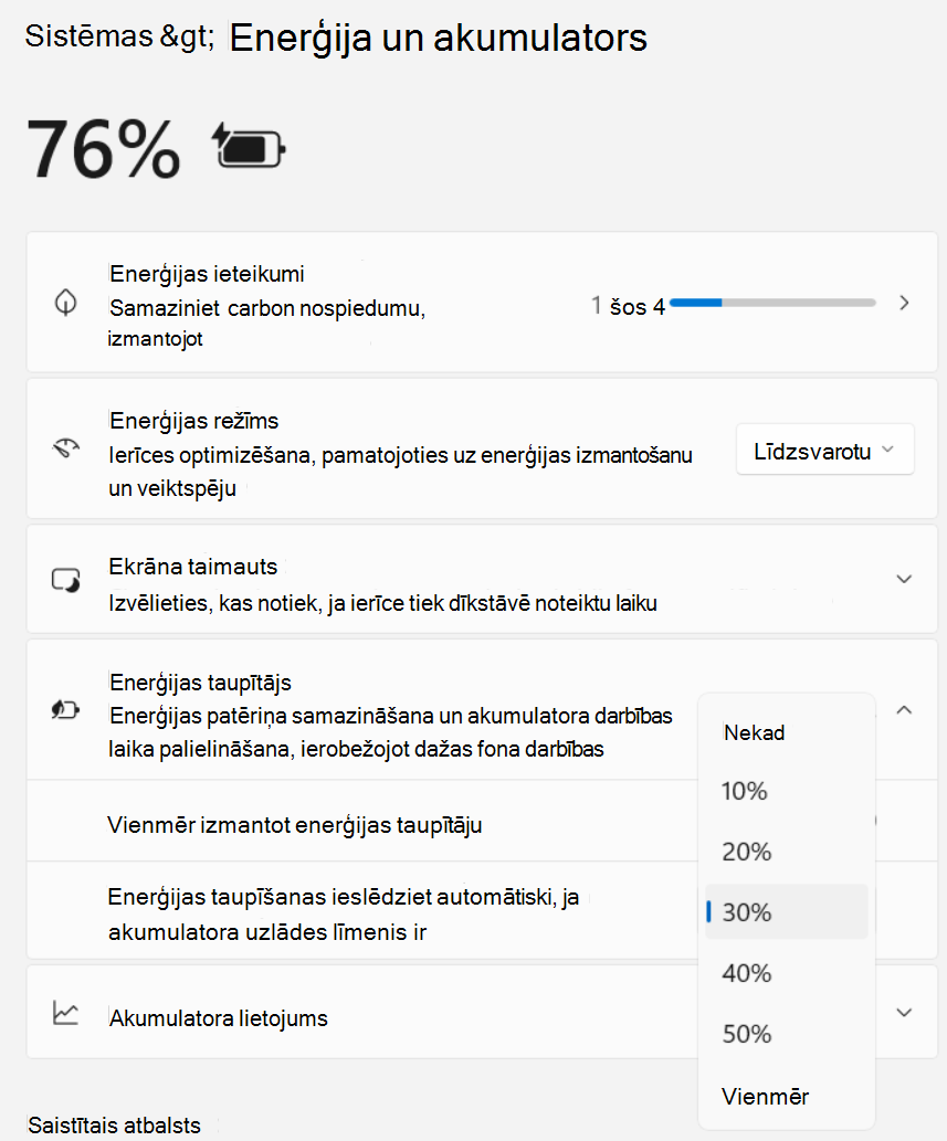 Ekrānuzņēmums: Iestatījumi, > sistēmas > enerģija un akumulators > Enerģijas taupītājs