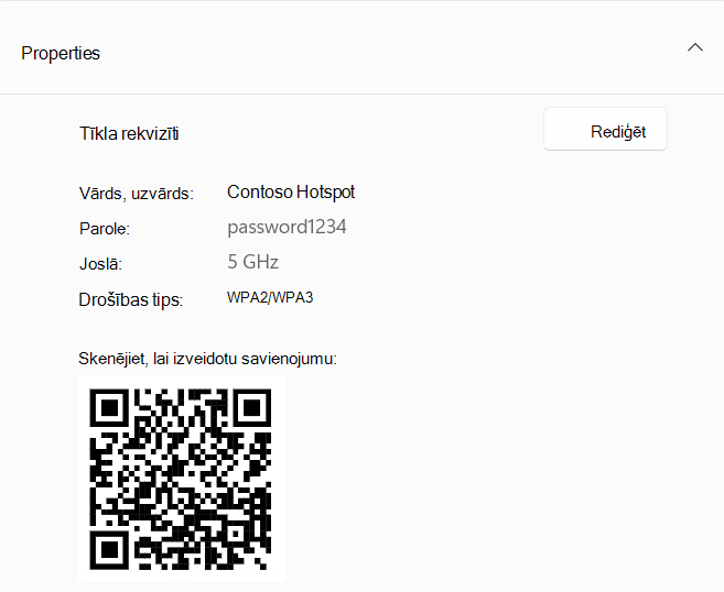 Ekrānuzņēmums ar QR kodu, kas tiek izmantots, lai izveidotu savienojumu ar Windows ierīci, kas darbojas kā tīklājs.