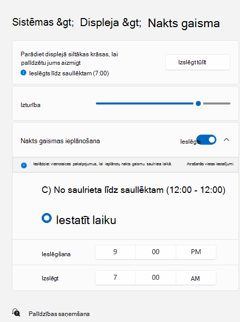 Parāda lapu Nakts gaisma, kurā ir ieslēgts slēdzis Ieplānot nakts gaismu un zem tā atlasīta opcija Iestatīt laiku.