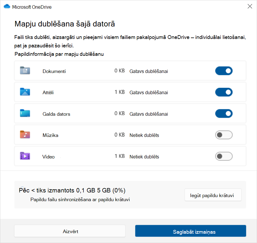 Screenshot of OneDrive Backup in Windows 10.