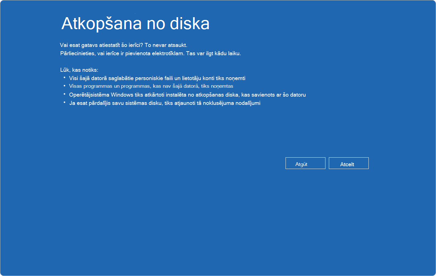 Screenshot of Windows RE showing the recover from a drive confirmation