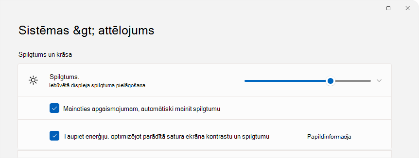 Ekrānuzņēmums, kurā redzami iestatījumi spilgtuma kontrolei.