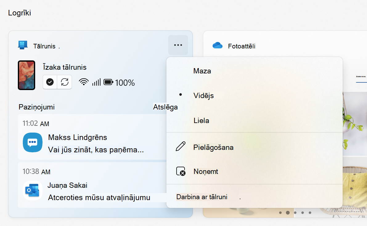Tālruņa saite logrīka izvēlne, kurā redzamas opcijas Izmērs, Pielāgot, Noņemt un Nodrošina Tālruņa saite.