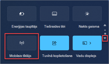 Kā atrast ātro darbību mobilā tīklāja Windows 11 ātrajos iestatījumos.