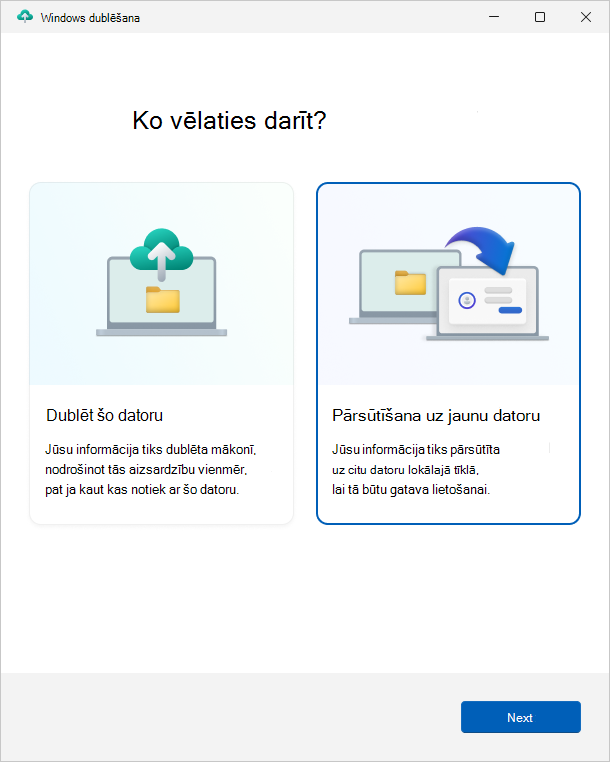 Screenshot of the Windows Backup app, showing the option to transfer information to a new PC.