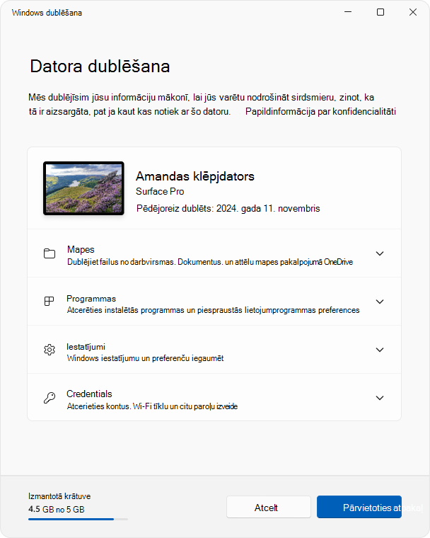 Screenshot of the Windows Backup app in Windows 11.