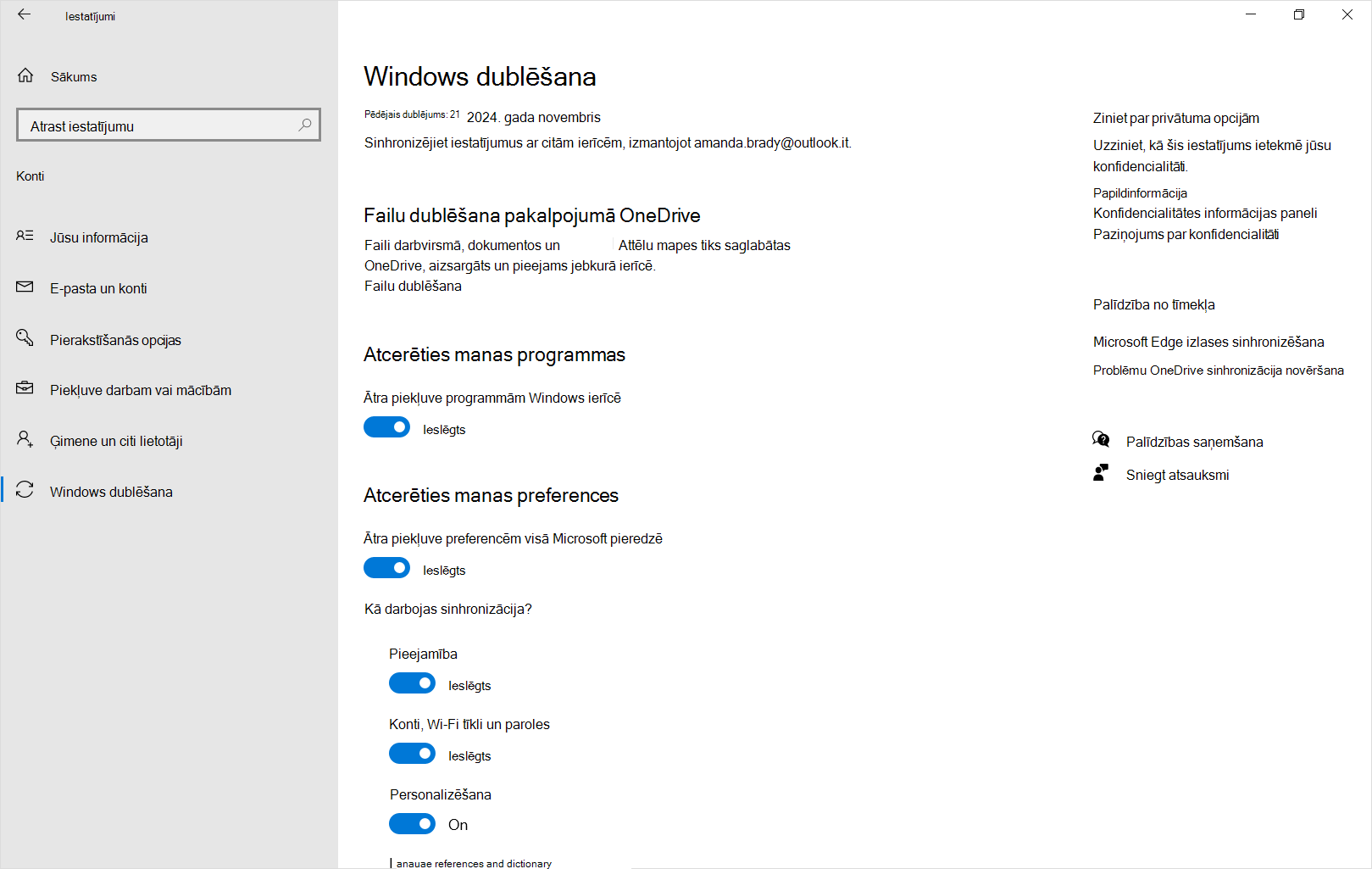 Screenshot of Settings Windows backup in Windows 10.