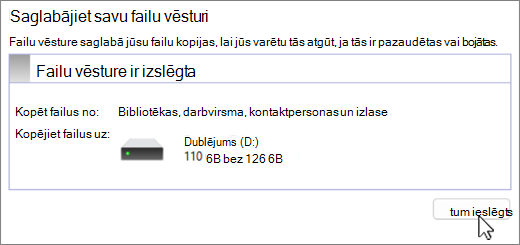 Ekrānuzņēmums ar Windows failu vēstures dublējuma iestatīšanu.