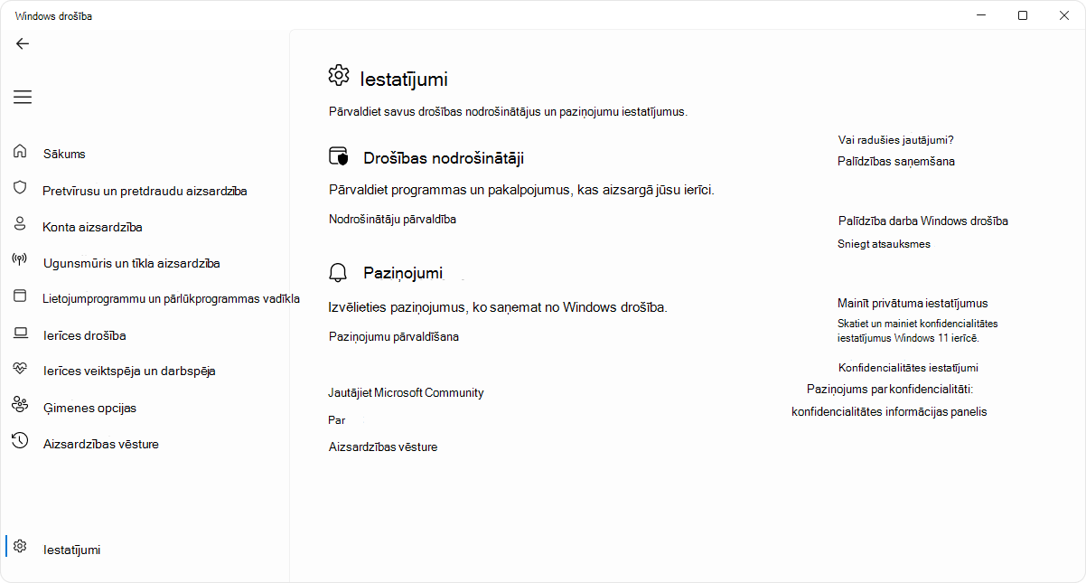 Screenshot of the settings page of the Windows Security app.