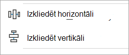 Ekrānuzņēmums, kurā redzamas horizontālā un vertikālā līdzinājuma opcijas sadaļā Līdzināt objektus.