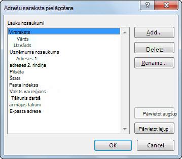 Dialoglodziņš Adrešu saraksta pielāgošana