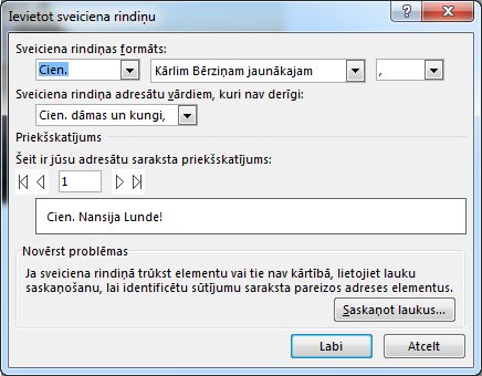 Sveiciena rindiņas opcijas