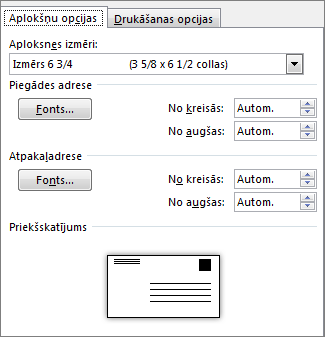 Aplokšņu opciju cilne, lai iestatītu aploksnes izmēru un adreses fontus