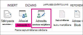 Ekrānuzņēmums ar tādu cilni Sūtījumi programmā Word, kurā izcelta komanda Rediģēt adresātu sarakstu.