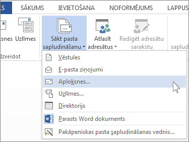 Izvēlne Sākt pasta sapludināšanu