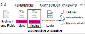 Ekrānuzņēmums ar tādu cilni Sūtījumi programmā Word, kurā izcelta komanda Sveiciena rindiņa.