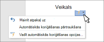 Automātiskās koriģēšanas opcijas, pogas un izvēlne koriģētam darbam ar dokumentu