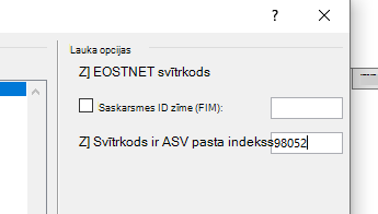 Lauka koda opciju sadaļa