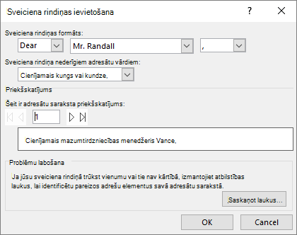Sveiciena rindiņas dialoglodziņš