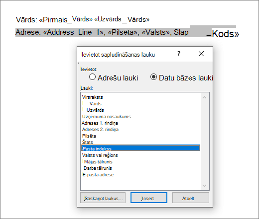 Izvēlne Sapludināšanas lauku ievietošana