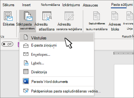 Pasta sapludināšanas sākuma izvēlne ar atlasītu burtu