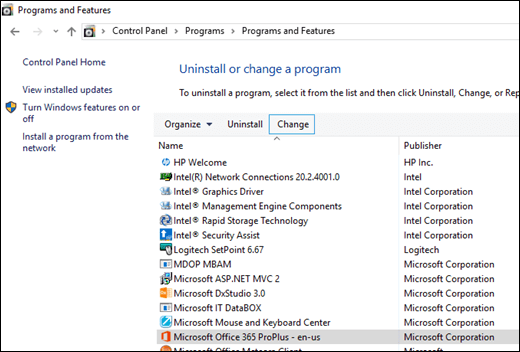 Programmu atinstalēšanas sīkprogrammā noklikšķiniet uz Mainīt, lai sāktu Microsoft Office labošanu.