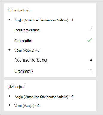 Labojumi un precizējumi ir uzskaitīti pa valodām redaktora rūtī.