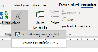 Cilnes Pārskatīšana izvēlnē Valoda izvēlieties Iestatīt koriģēšanas valodu.