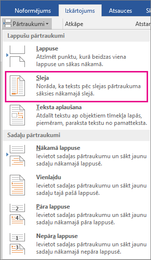 Pārtraukumu izvēlnē ir iezīmēta opcija Kolonna.