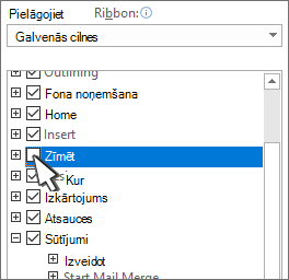 Izvēles rūtiņa cilnes paslēpšanai vai rādīšanai