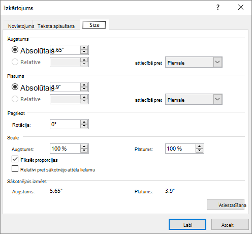 Layout options Size tab