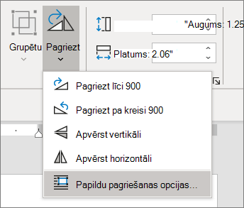 Pagriešanas izvēlne ar atlasītu Papildu pagriešanas opcijas