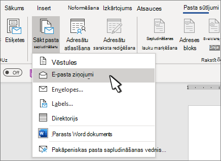 Sākt pasta sapludināšanu ar atlasītu opciju E-pasta ziņojumi