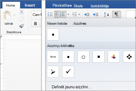 Tiek rādīta cilne Sākums ar aizzīmju galeriju.