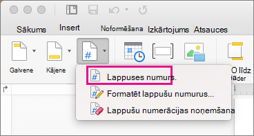 Cilnē Galvene & kājene izvēlnē Lappuses numurs noklikšķiniet uz Lappuses numurs, lai pievienotu lappuses numuru.