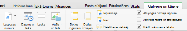 Veicot dubultklikšķi galvenes vai kājenes apgabalā, Word tiek parādīta cilne Galvene & kājene.