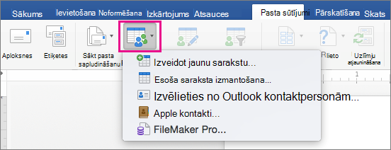 Cilnē Sūtījumi ir iezīmēta iespēju Atlasīt adresātus ar opciju sarakstu