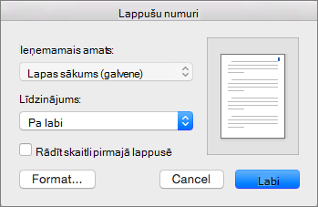 Sadaļā Lappušu numuri iestatiet lappušu numuru novietojumu un līdzinājumu.