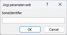 Viser et eksempel på en uventet dialogboksen Angi parameterverdi i Access, med en identifikator merket SomeIdentifier, et felt der du kan angi en verdi, og OK- og Avbryt-knapper.